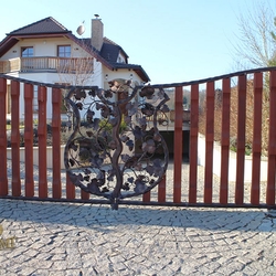 Toranlage  Wappen mit Weinrebe  luxurises, handgeschmiedetes, mit Holz kombiniertes Tor