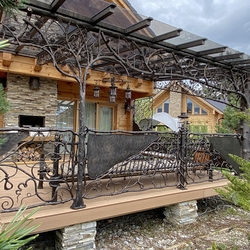 Couverture luxueuse de terrasse avec balustrade, luminaires et autres accessoires en fer forgé dans un style artistique avec un motif naturel Couverture luxueuse de terrasse avec balustrade, luminaires et autres accessoires en fer forgé dans un style artistique avec un motif naturel