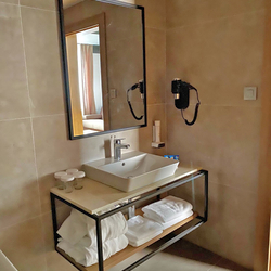 Bathroom set  a shelf and a mirror in modern design made in UKOVMI for hotel Bellevue